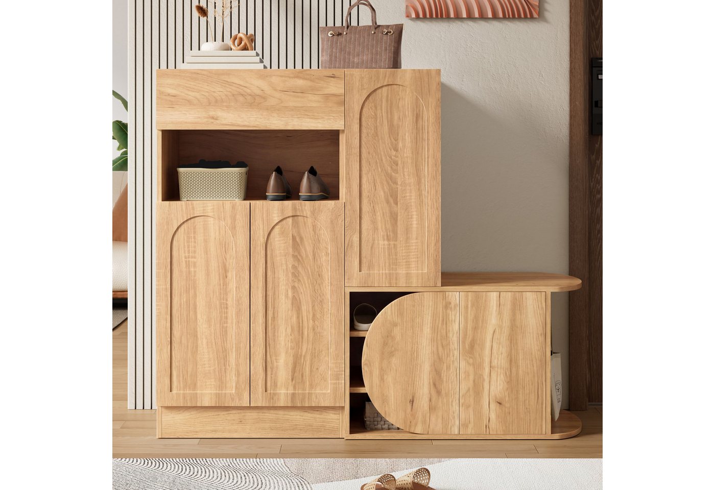 Merax Schuhschrank mit Sitzbank, 5 Türen, 1 Schublade, Offenes Fach (1-St., Schuhregal, Schuhablage, Schuhkommode) für Flur und Eingangsbereich – Bild 2 von 5