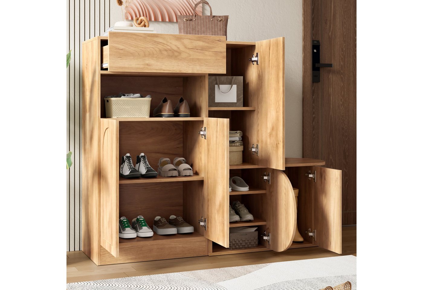 Merax Schuhschrank mit Sitzbank, 5 Türen, 1 Schublade, Offenes Fach (1-St., Schuhregal, Schuhablage, Schuhkommode) für Flur und Eingangsbereich – Bild 3 von 5