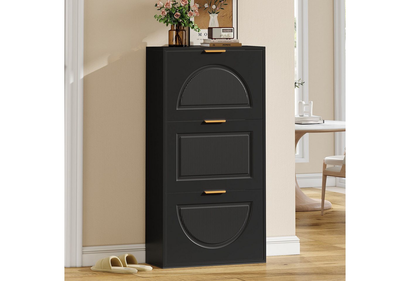 Merax Schuhschrank Schmal (1-St., B60×H114×T24cm) Schuhregal mit 3 Klappen,Schuhkommode Schuhschrank mit Flur/Wohnzimmer – Bild 3 von 5