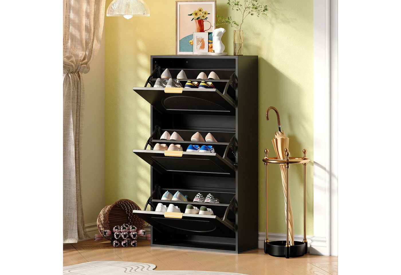 Merax Schuhschrank Schmal (1-St., B60×H114×T24cm) Schuhregal mit 3 Klappen,Schuhkommode Schuhschrank mit Flur/Wohnzimmer – Bild 4 von 5