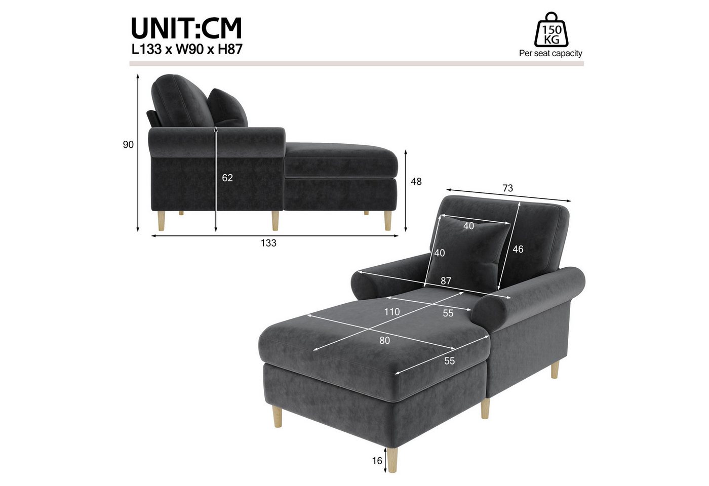 Merax Sessel Relaxsessel mit Liegefunktion, Lesesessel aus Samt (133*87*90cm, 1-St., Einzelsofa Loungesessel), Lounge-Sessel Polstersessel mit 2 Armlehnen & Len – Bild 5 von 5