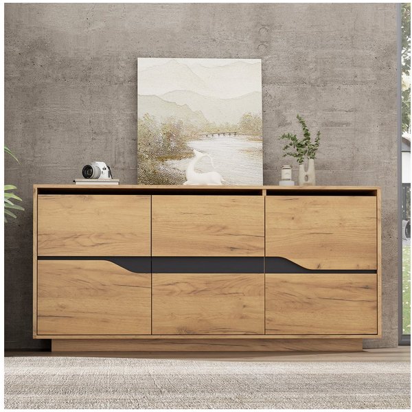 Merax Sideboard 140x40x76cm (1 St., Mattfront in Holzoptik & Schwarz), Kommode Anrichte mit 3 Türen und verstellbaren Einlegeböden