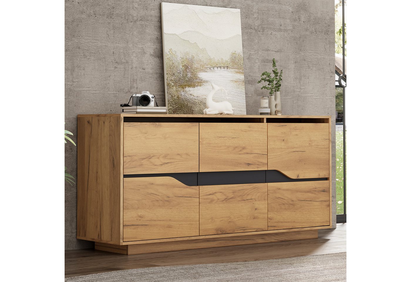 Merax Sideboard 140x40x76cm (1 St., Mattfront in Holzoptik & Schwarz), Kommode Anrichte mit 3 Türen und verstellbaren Einlegeböden – Bild 2 von 5