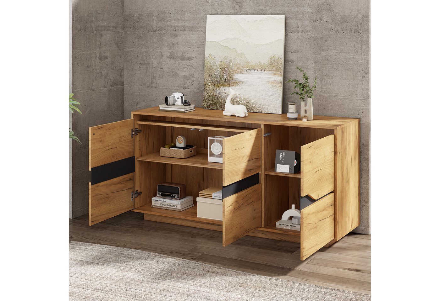 Merax Sideboard 140x40x76cm (1 St., Mattfront in Holzoptik & Schwarz), Kommode Anrichte mit 3 Türen und verstellbaren Einlegeböden – Bild 3 von 5