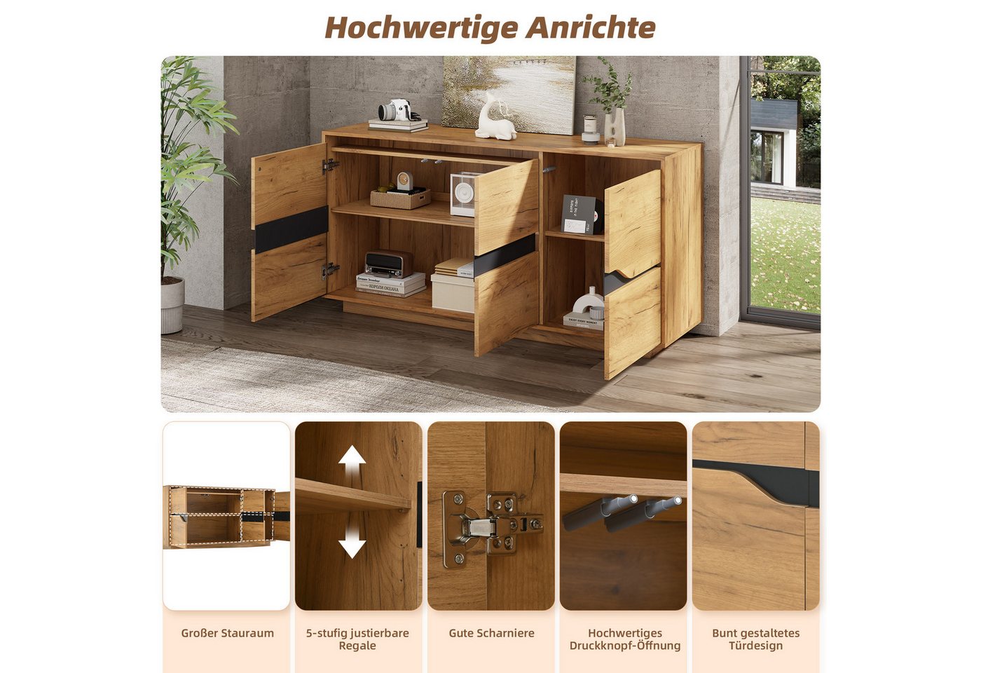 Merax Sideboard 140x40x76cm (1 St., Mattfront in Holzoptik & Schwarz), Kommode Anrichte mit 3 Türen und verstellbaren Einlegeböden – Bild 4 von 5