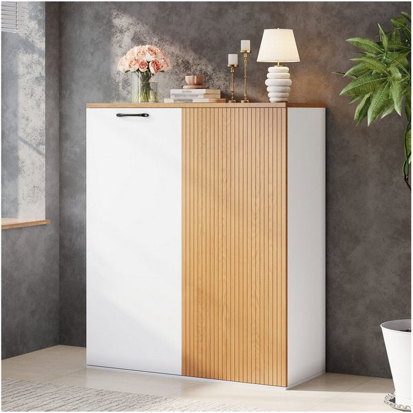 Merax Sideboard Aktenschrank 80 × 40 × 110 cm, Highboard Büroschrank (1 St., Kommode Stauraumschrank), mit Lamellenfront und Soft-Close-Türen