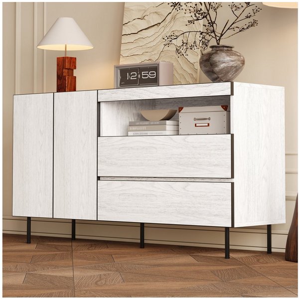 Merax Sideboard Aufbewahrungsmöbel Buffetschrank Wohnzimmerschrank (1 St), Kommode mit Doppeltüren, Offenen Regalen & Stauraum, 140x42x77cm