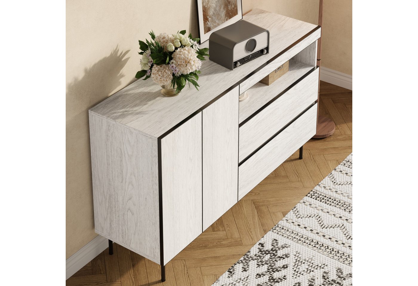 Merax Sideboard Aufbewahrungsmöbel Buffetschrank Wohnzimmerschrank (1 St), Kommode mit Doppeltüren, Offenen Regalen & Stauraum, 140x42x77cm – Bild 4 von 5