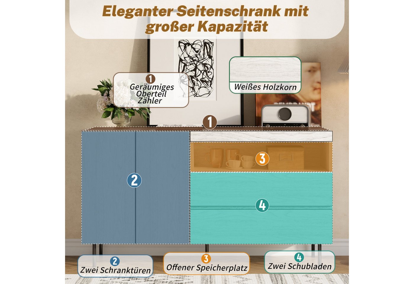 Merax Sideboard Aufbewahrungsmöbel Buffetschrank Wohnzimmerschrank (1 St), Kommode mit Doppeltüren, Offenen Regalen & Stauraum, 140x42x77cm – Bild 5 von 5