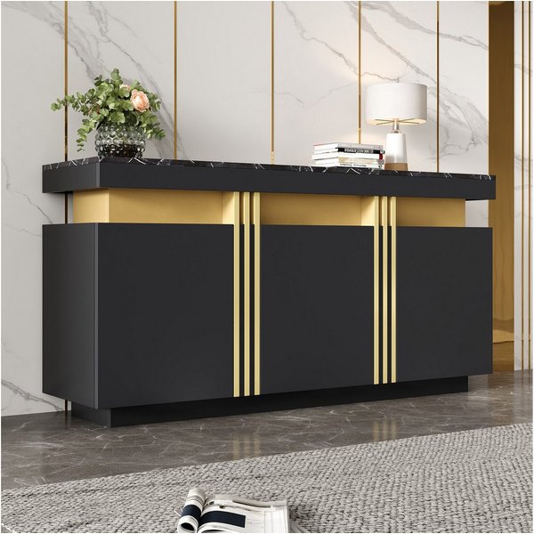 Merax Sideboard Aufbewahrungsschrank Anrichte mit Marmoroptik (1 St., 140x38x70cm), Kommode mit 3 Türen, verstellbaren Einlegeböden & Platin-Akzenten
