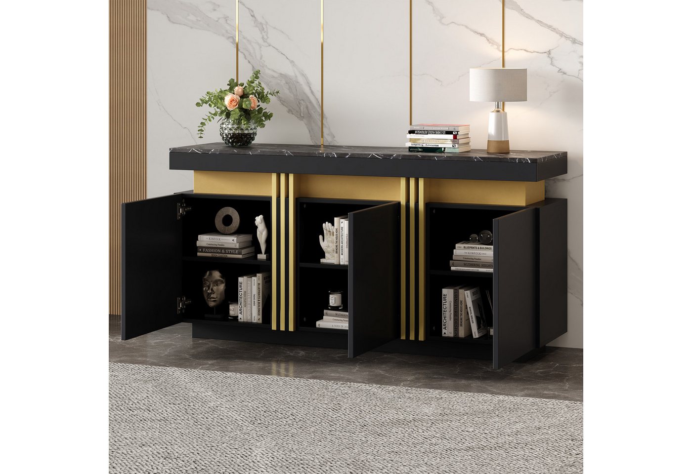 Merax Sideboard Aufbewahrungsschrank Anrichte mit Marmoroptik (1 St., 140x38x70cm), Kommode mit 3 Türen, verstellbaren Einlegeböden & Platin-Akzenten – Bild 2 von 5