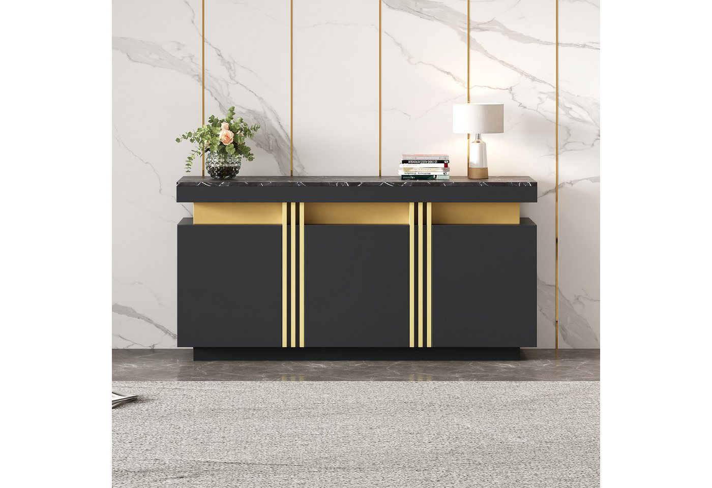 Merax Sideboard Aufbewahrungsschrank Anrichte mit Marmoroptik (1 St., 140x38x70cm), Kommode mit 3 Türen, verstellbaren Einlegeböden & Platin-Akzenten – Bild 3 von 5