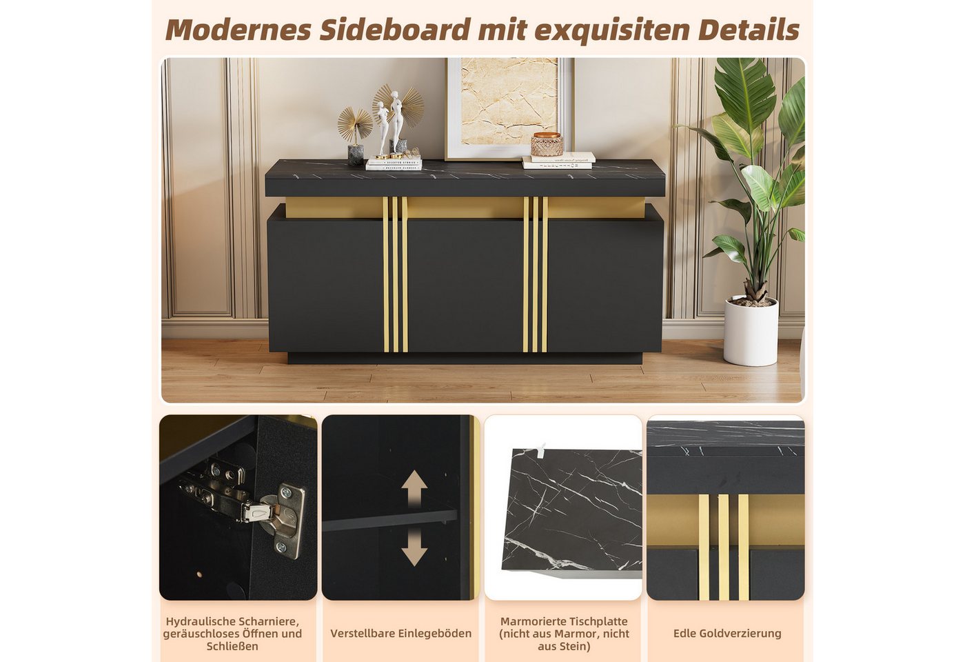 Merax Sideboard Aufbewahrungsschrank Anrichte mit Marmoroptik (1 St., 140x38x70cm), Kommode mit 3 Türen, verstellbaren Einlegeböden & Platin-Akzenten – Bild 4 von 5