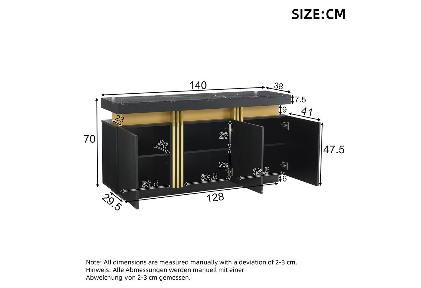 Merax Sideboard Aufbewahrungsschrank Anrichte mit Marmoroptik (1 St., 140x38x70cm), Kommode mit 3 Türen, verstellbaren Einlegeböden & Platin-Akzenten – Bild 5 von 5