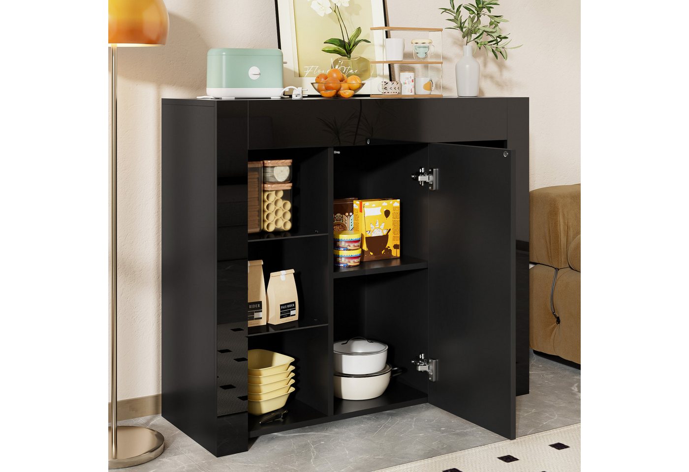 Merax Sideboard Buffetschrank mit Hochglanz-Front (1 St., für Wohnzimmer, Esszimmer oder Küche), Kommode mit Glasregalen und Tür, Anrichte Schrank Buffet, 95x35 – Bild 2 von 5