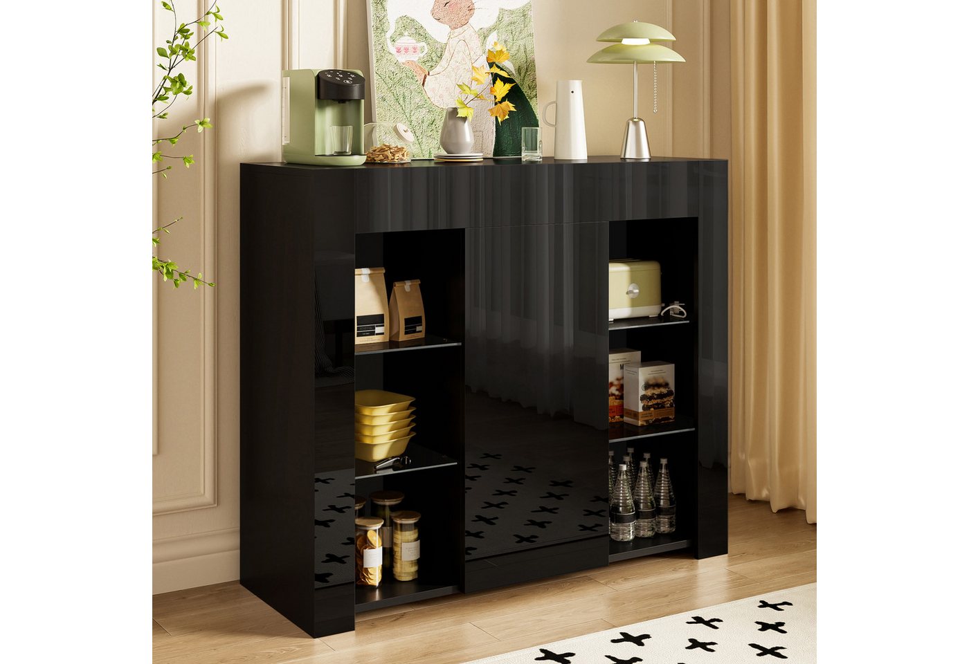 Merax Sideboard Buffetschrank mit Hochglanz-Front (1 St., für Wohnzimmer, Esszimmer oder Küche), Kommode mit Glasregalen und Tür, Anrichte Schrank Buffet, 95x35 – Bild 3 von 5