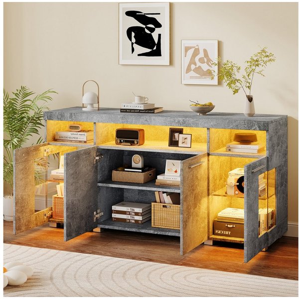 Merax Sideboard Buffetschrank mit LED-Beleuchtung (1 St), Kommode mit 3 Fächern, Glastüren und 6 Ablagen, Anrichte 140x40x70cm