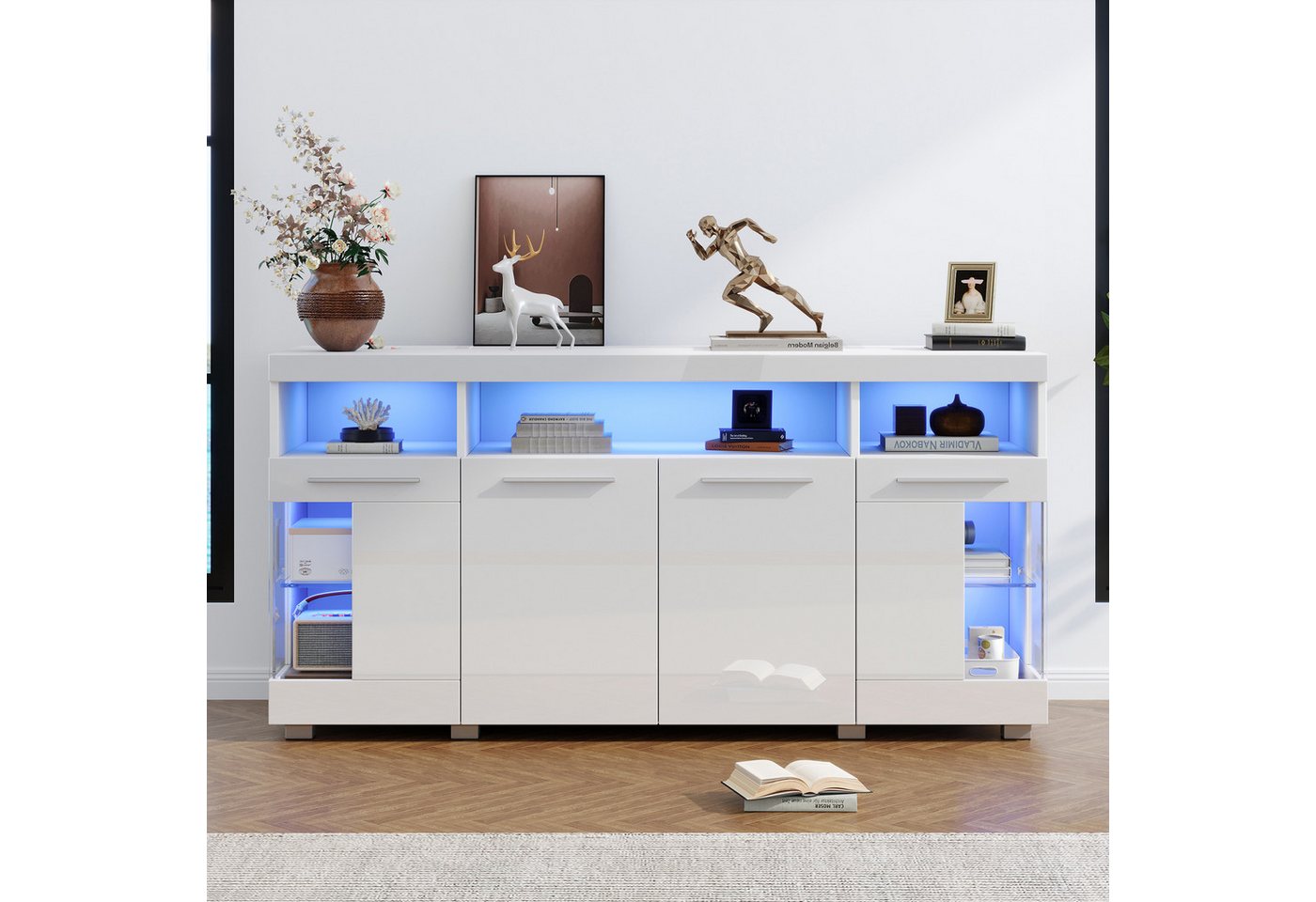 Merax Sideboard Buffetschrank mit LED-Beleuchtung (1 St), Kommode mit 3 Fächern, Glastüren und 6 Ablagen, Anrichte 140x40x70cm – Bild 2 von 5