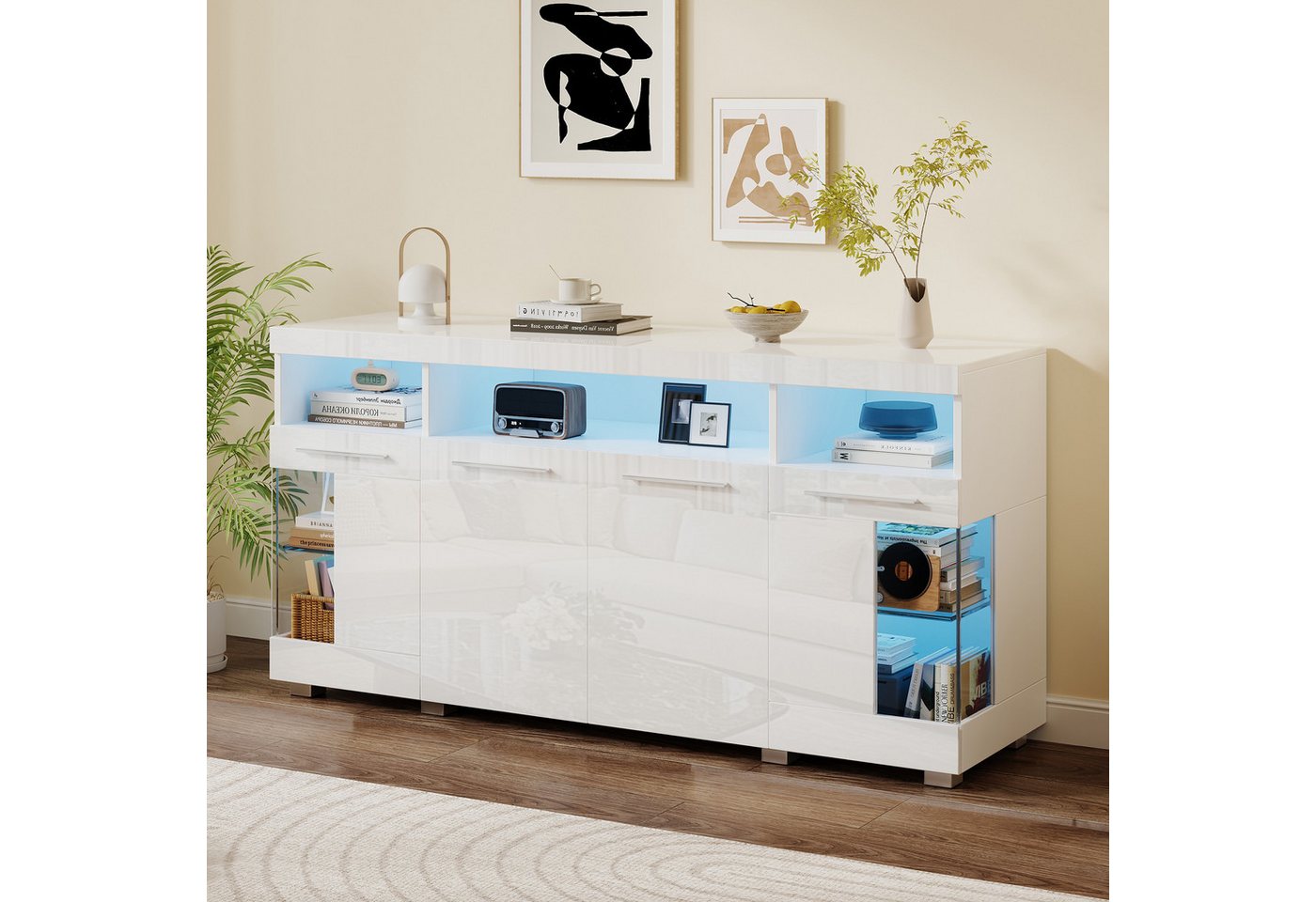 Merax Sideboard Buffetschrank mit LED-Beleuchtung (1 St), Kommode mit 3 Fächern, Glastüren und 6 Ablagen, Anrichte 140x40x70cm – Bild 3 von 5