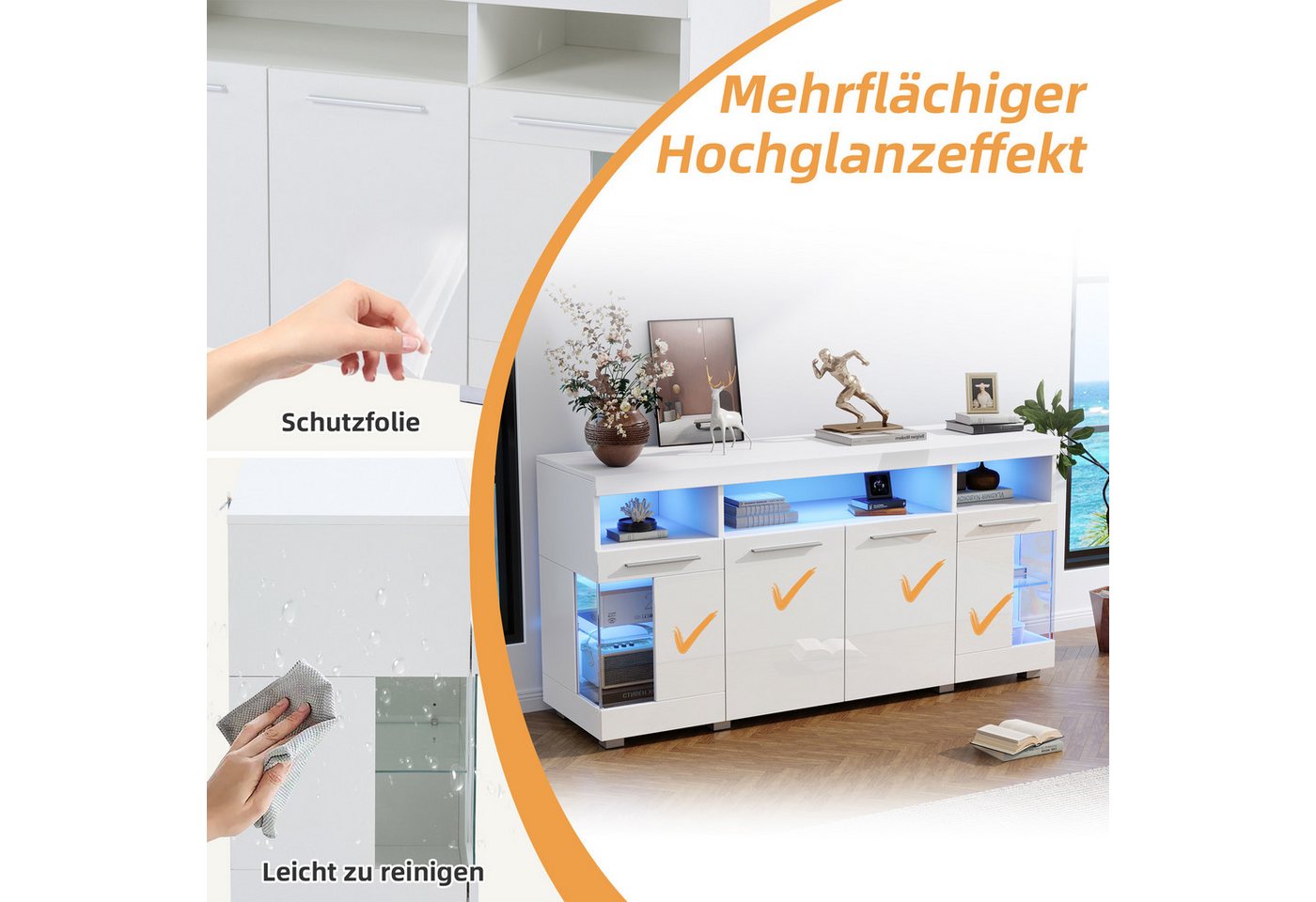 Merax Sideboard Buffetschrank mit LED-Beleuchtung (1 St), Kommode mit 3 Fächern, Glastüren und 6 Ablagen, Anrichte 140x40x70cm – Bild 4 von 5