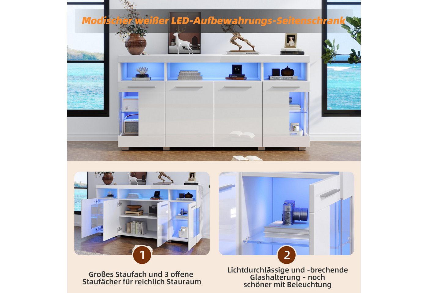 Merax Sideboard Buffetschrank mit LED-Beleuchtung (1 St), Kommode mit 3 Fächern, Glastüren und 6 Ablagen, Anrichte 140x40x70cm – Bild 5 von 5