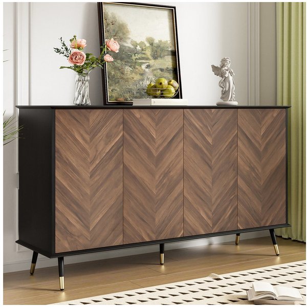 Merax Sideboard Fischgrätmuster Wohnzimmerschrank Buffet Schrank (140 x 40 x 80 cm, 1 St), Kommode mit 4 Türen, Stauraum, Metallbeine & Verstellbaren Regalen