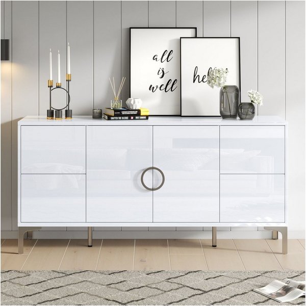 Merax Sideboard Hochglänzender Beistellschrank Esszimmerschrank (1 St), Kommode mit 4 Schubladen und 2 Türen, Wohnzimmerschrank, 150x38x59,5cm
