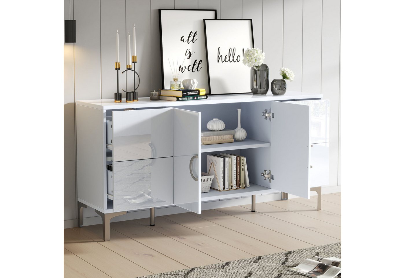 Merax Sideboard Hochglänzender Beistellschrank Esszimmerschrank (1 St), Kommode mit 4 Schubladen und 2 Türen, Wohnzimmerschrank, 150x38x59,5cm – Bild 2 von 5