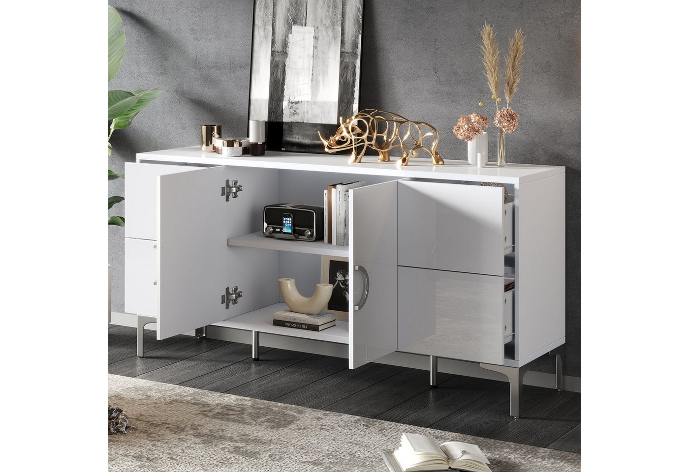 Merax Sideboard Hochglänzender Beistellschrank Esszimmerschrank (1 St), Kommode mit 4 Schubladen und 2 Türen, Wohnzimmerschrank, 150x38x59,5cm – Bild 3 von 5