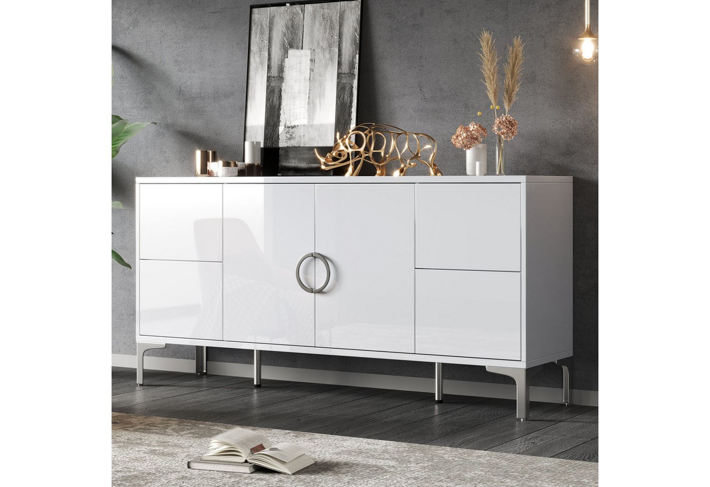 Merax Sideboard Hochglänzender Beistellschrank Esszimmerschrank (1 St), Kommode mit 4 Schubladen und 2 Türen, Wohnzimmerschrank, 150x38x59,5cm – Bild 4 von 5