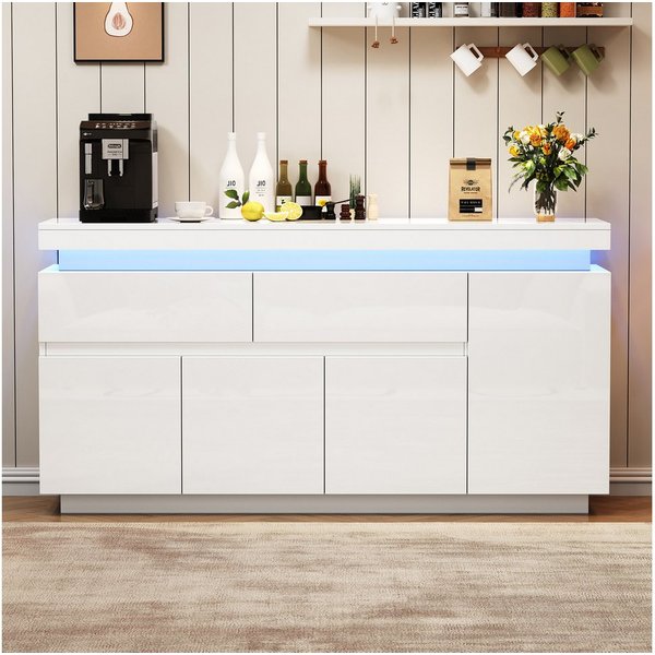 Merax Sideboard Hochglanz Anrichte Buffetschrank mit LED-Beleuchtung (1 St., Wohnzimmerschrank, Beistellschrank, 140x35x72,5cm), Kommode mit 2 Schubladen, verst