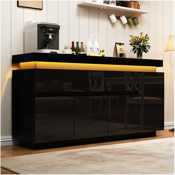 Merax Sideboard Hochglanz Anrichte Buffetschrank mit LED-Beleuchtung (1 St., Wohnzimmerschrank, Beistellschrank, 140x35x72,5cm), Kommode mit 2 Schubladen, verst