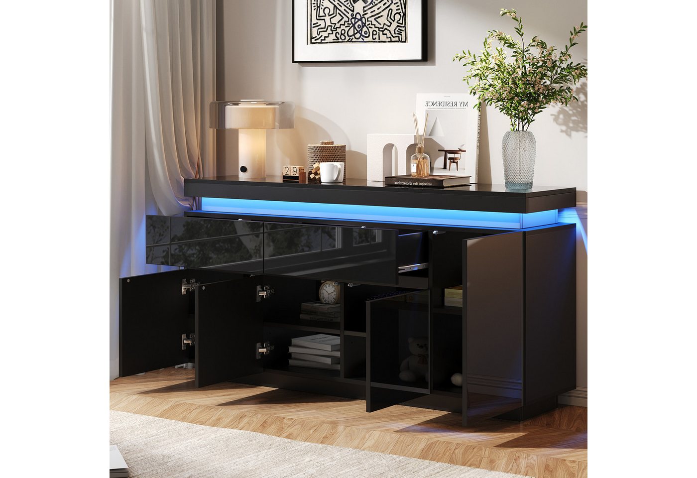 Merax Sideboard Hochglanz Anrichte Buffetschrank mit LED-Beleuchtung (1 St., Wohnzimmerschrank, Beistellschrank, 140x35x72,5cm), Kommode mit 2 Schubladen, verst – Bild 2 von 5