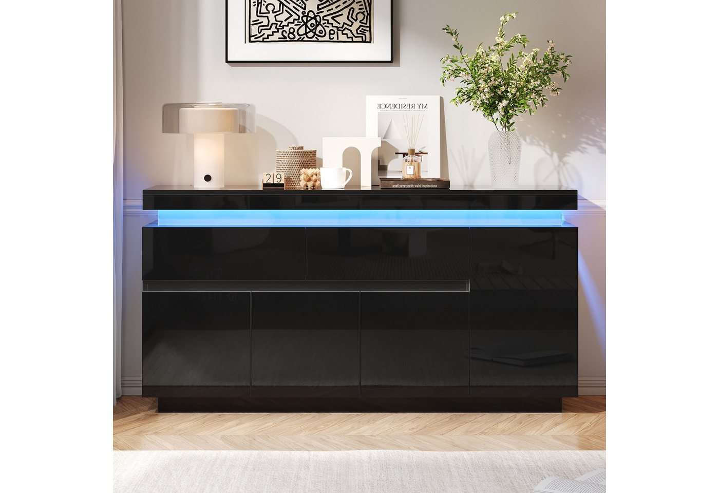 Merax Sideboard Hochglanz Anrichte Buffetschrank mit LED-Beleuchtung (1 St., Wohnzimmerschrank, Beistellschrank, 140x35x72,5cm), Kommode mit 2 Schubladen, verst – Bild 3 von 5