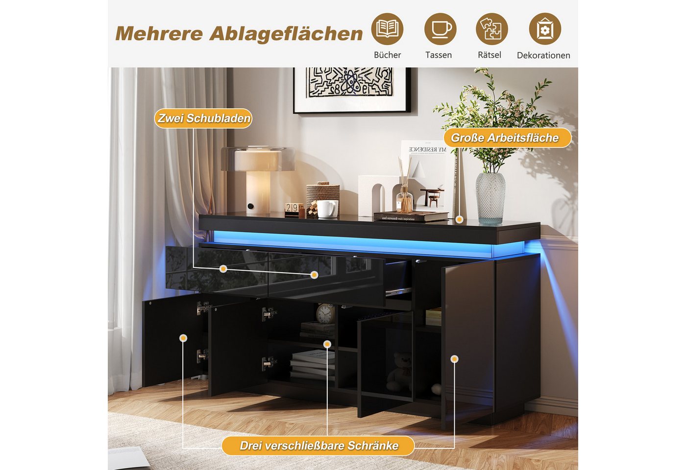 Merax Sideboard Hochglanz Anrichte Buffetschrank mit LED-Beleuchtung (1 St., Wohnzimmerschrank, Beistellschrank, 140x35x72,5cm), Kommode mit 2 Schubladen, verst – Bild 4 von 5