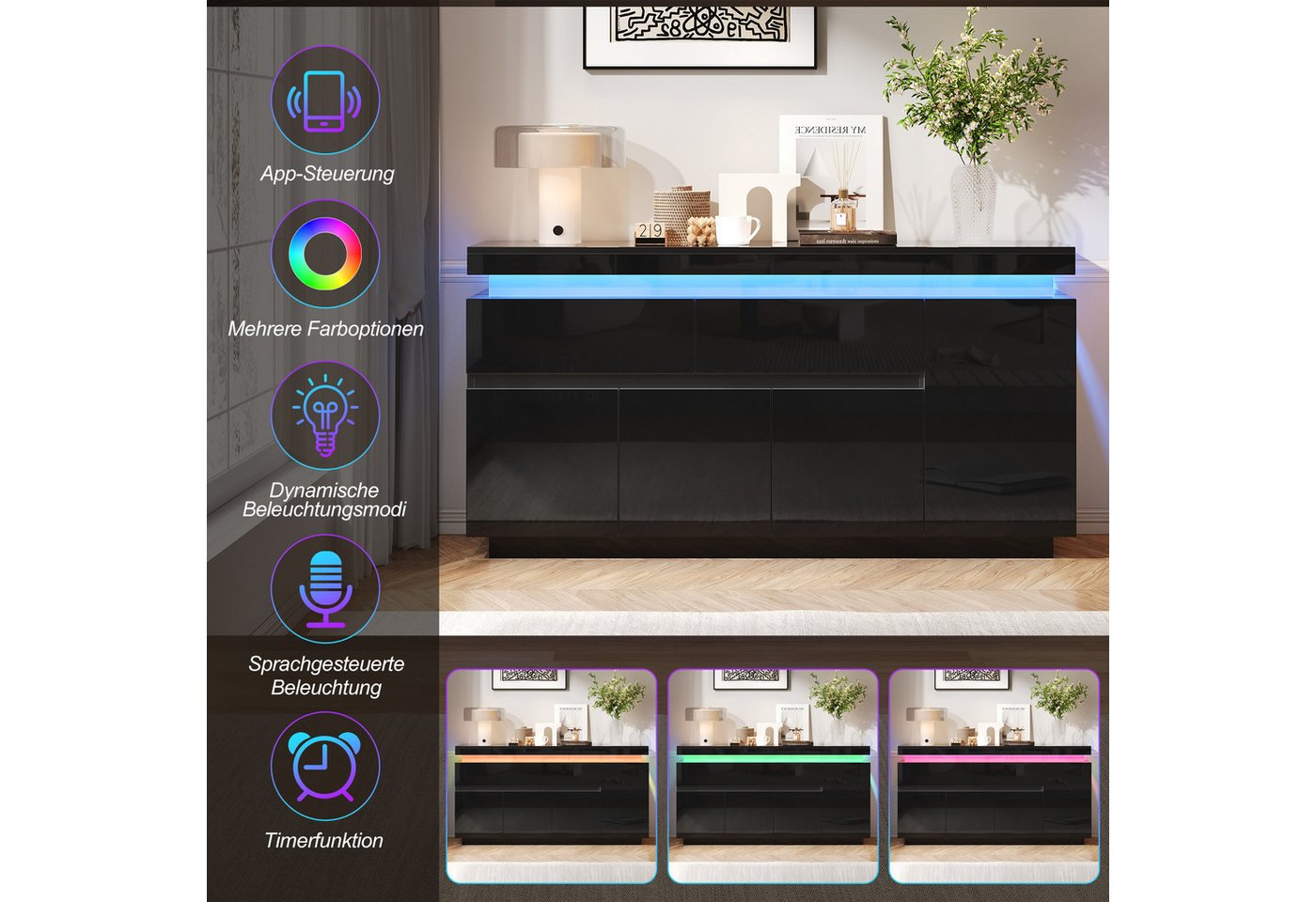 Merax Sideboard Hochglanz Anrichte Buffetschrank mit LED-Beleuchtung (1 St., Wohnzimmerschrank, Beistellschrank, 140x35x72,5cm), Kommode mit 2 Schubladen, verst – Bild 5 von 5