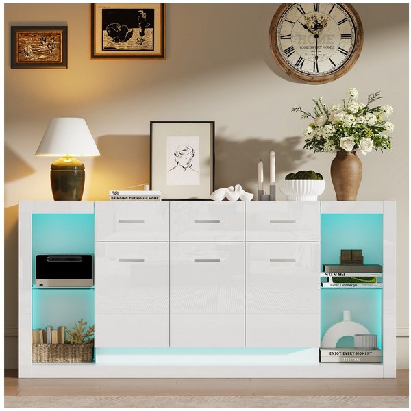 Merax Sideboard Hochglanz Anrichte Buffetschrank Wohnzimmerschrank mit LED-Beleuchtung (160 × 40 × 75 cm, 1 St., Kommode Beistellschrank), mit 3 Schubladen, 14 