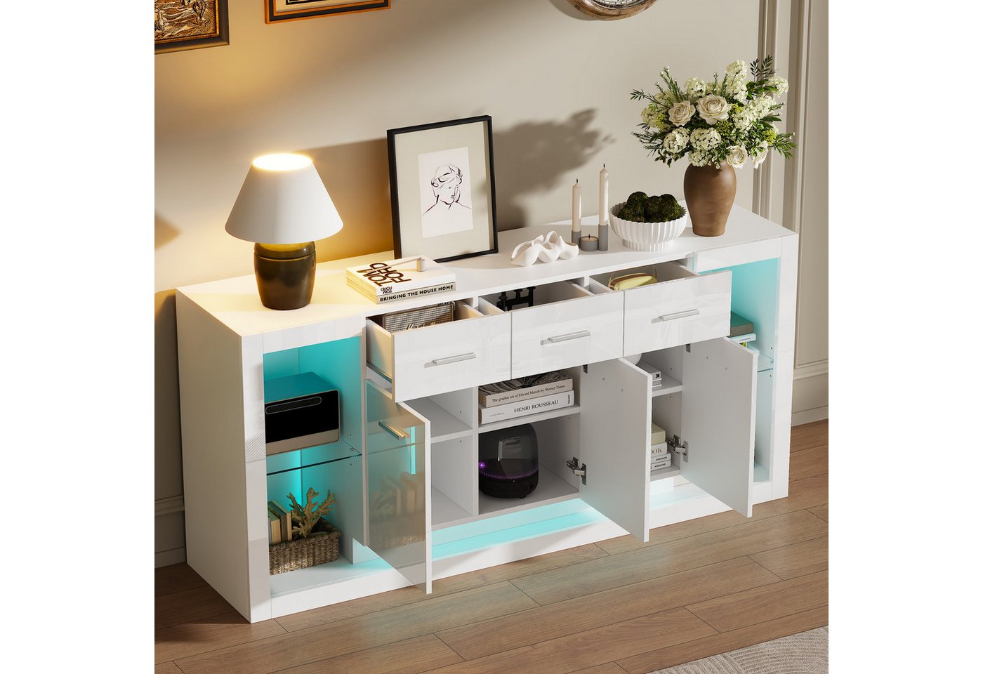 Merax Sideboard Hochglanz Anrichte Buffetschrank Wohnzimmerschrank mit LED-Beleuchtung (160 × 40 × 75 cm, 1 St., Kommode Beistellschrank), mit 3 Schubladen, 14  – Bild 2 von 5
