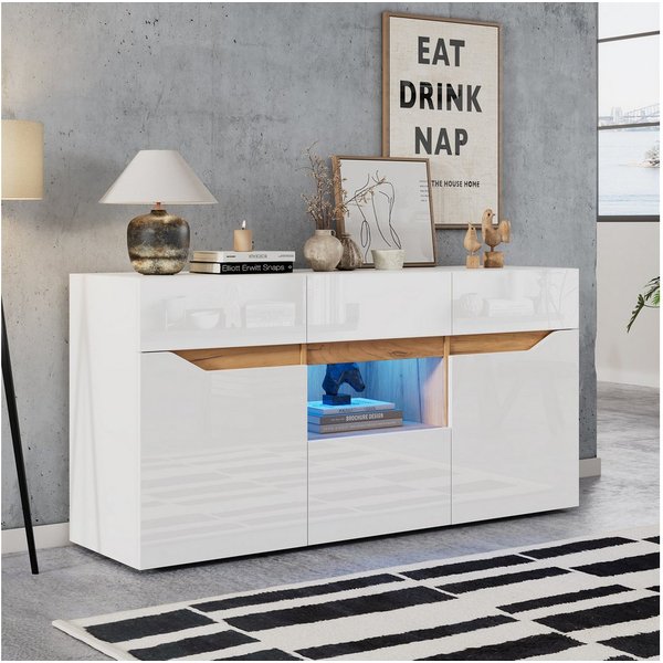 Merax Sideboard hochglanz Anrichte mit LED, Buffetschrank in Weiß/Schwarz & Holzoptik (1 St), Kommode mit 4 Schubladen, 2 Schränken & halboffenem Fach, 140x40x7
