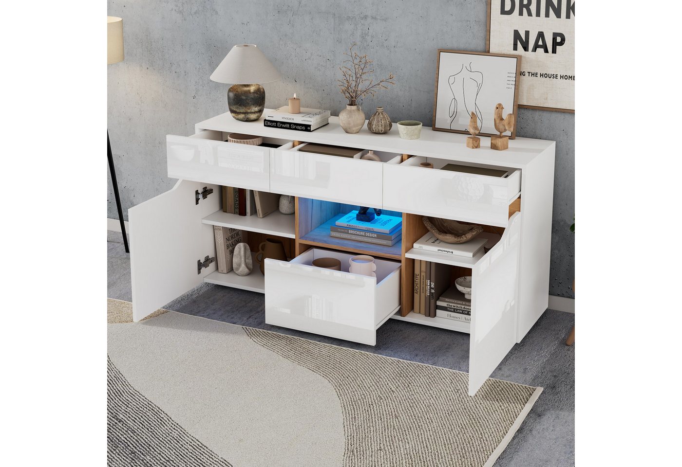 Merax Sideboard hochglanz Anrichte mit LED, Buffetschrank in Weiß/Schwarz & Holzoptik (1 St), Kommode mit 4 Schubladen, 2 Schränken & halboffenem Fach, 140x40x7 – Bild 2 von 5