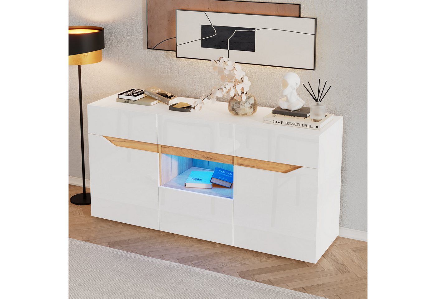 Merax Sideboard hochglanz Anrichte mit LED, Buffetschrank in Weiß/Schwarz & Holzoptik (1 St), Kommode mit 4 Schubladen, 2 Schränken & halboffenem Fach, 140x40x7 – Bild 3 von 5