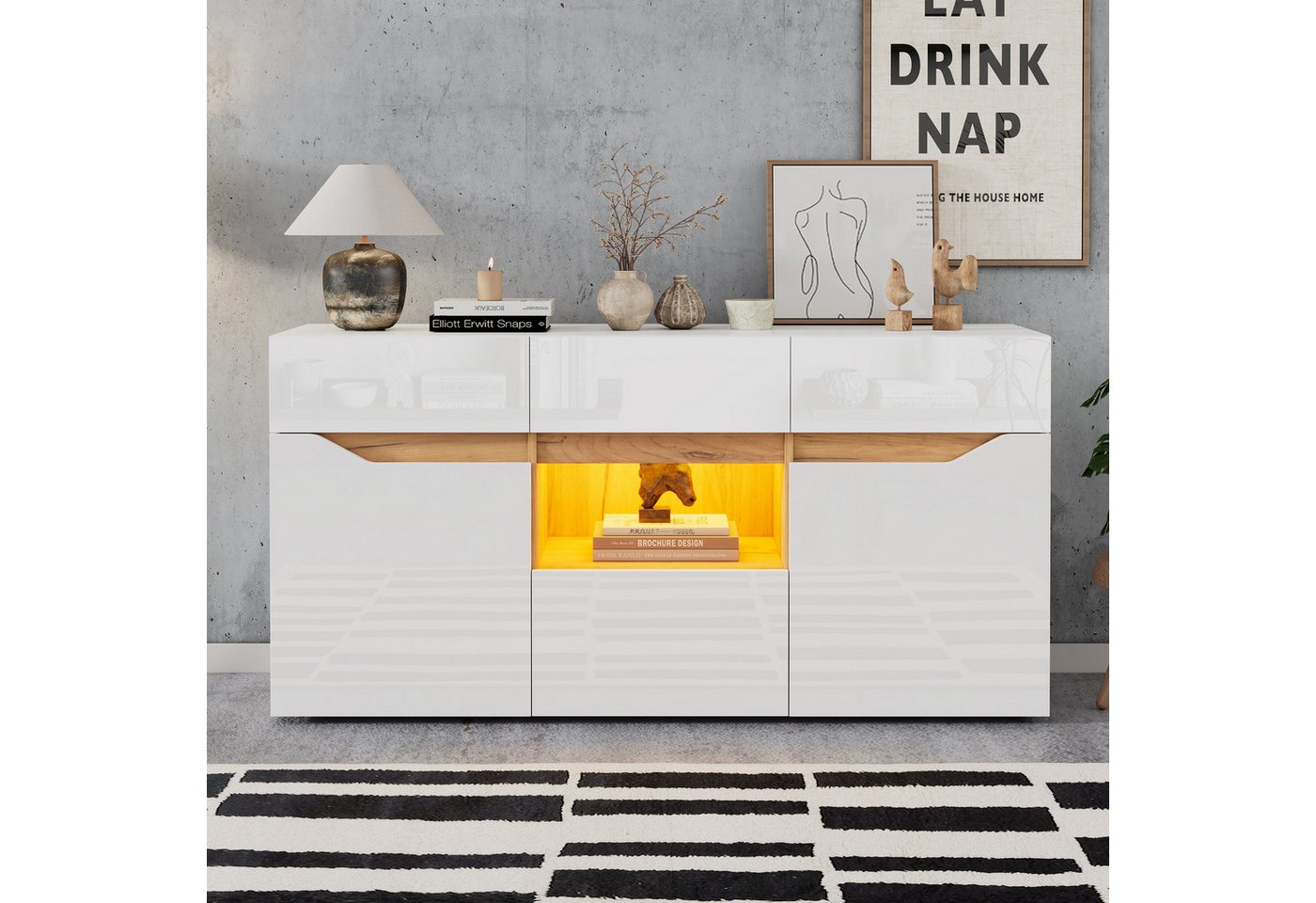 Merax Sideboard hochglanz Anrichte mit LED, Buffetschrank in Weiß/Schwarz & Holzoptik (1 St), Kommode mit 4 Schubladen, 2 Schränken & halboffenem Fach, 140x40x7 – Bild 4 von 5