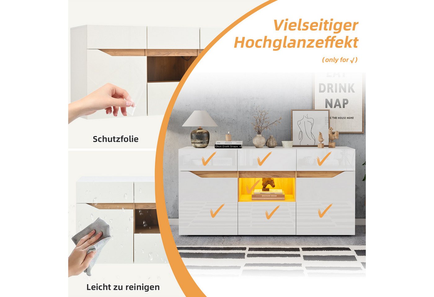 Merax Sideboard hochglanz Anrichte mit LED, Buffetschrank in Weiß/Schwarz & Holzoptik (1 St), Kommode mit 4 Schubladen, 2 Schränken & halboffenem Fach, 140x40x7 – Bild 5 von 5