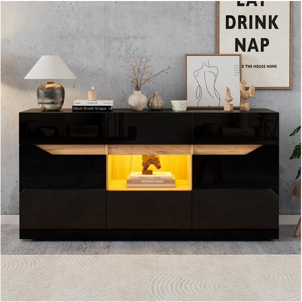 Merax Sideboard hochglanz Anrichte mit LED, Buffetschrank in Weiß/Schwarz & Holzoptik (1 St), Kommode mit 4 Schubladen, 2 Schränken & halboffenem Fach, 140x40x7