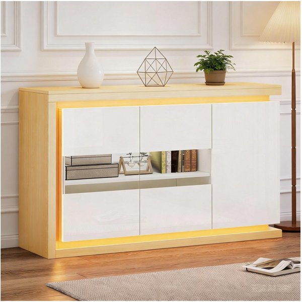 Merax Sideboard hochglanz Beistellschrank Kommode mit LED-Beleuchtung (1 St), Wohnzimmerschrank mit 3 Türen, Trennwand & Stauraum, 140x40x84cm