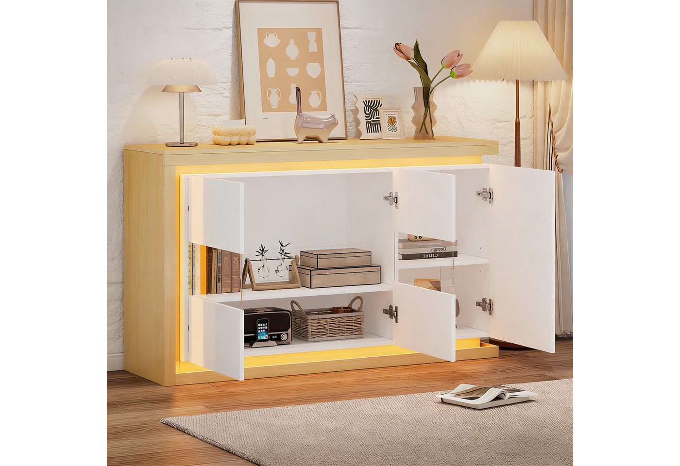 Merax Sideboard hochglanz Beistellschrank Kommode mit LED-Beleuchtung (1 St), Wohnzimmerschrank mit 3 Türen, Trennwand & Stauraum, 140x40x84cm – Bild 2 von 5