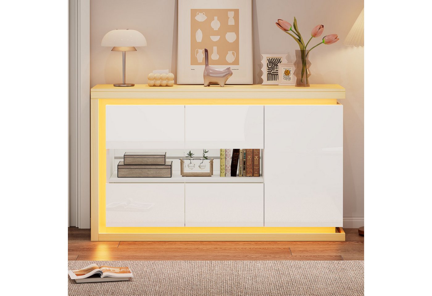 Merax Sideboard hochglanz Beistellschrank Kommode mit LED-Beleuchtung (1 St), Wohnzimmerschrank mit 3 Türen, Trennwand & Stauraum, 140x40x84cm – Bild 3 von 5