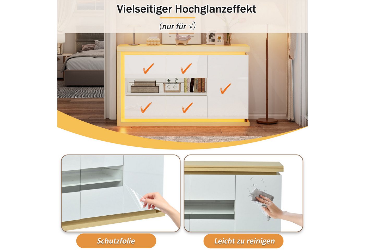Merax Sideboard hochglanz Beistellschrank Kommode mit LED-Beleuchtung (1 St), Wohnzimmerschrank mit 3 Türen, Trennwand & Stauraum, 140x40x84cm – Bild 4 von 5