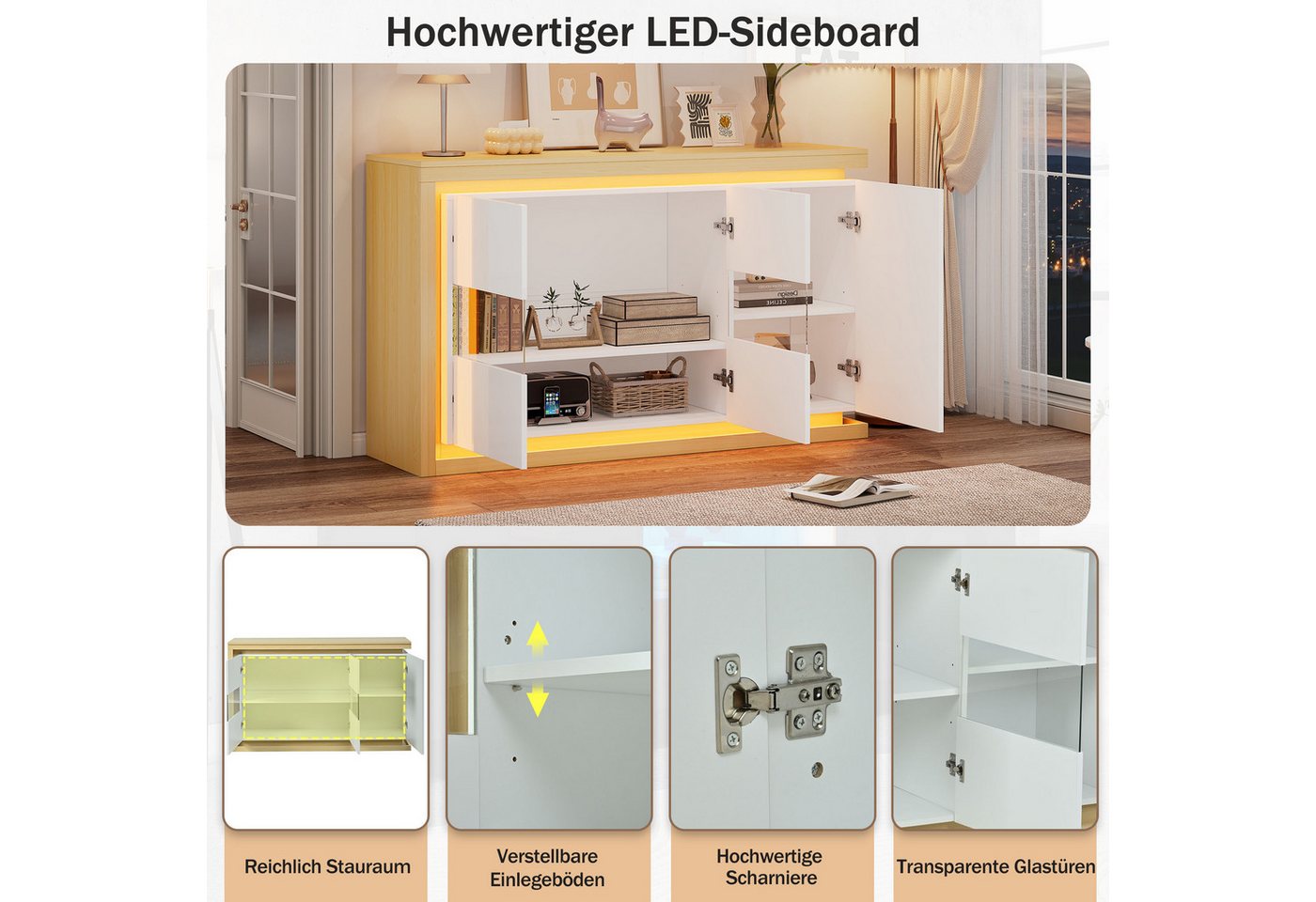 Merax Sideboard hochglanz Beistellschrank Kommode mit LED-Beleuchtung (1 St), Wohnzimmerschrank mit 3 Türen, Trennwand & Stauraum, 140x40x84cm – Bild 5 von 5