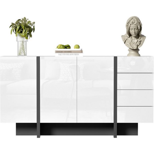 Merax Sideboard Hochglanz Kommode (1 St), Anrichte Kommode mit 2 Türen und 4 Schubladen, 150x40x80.5cm